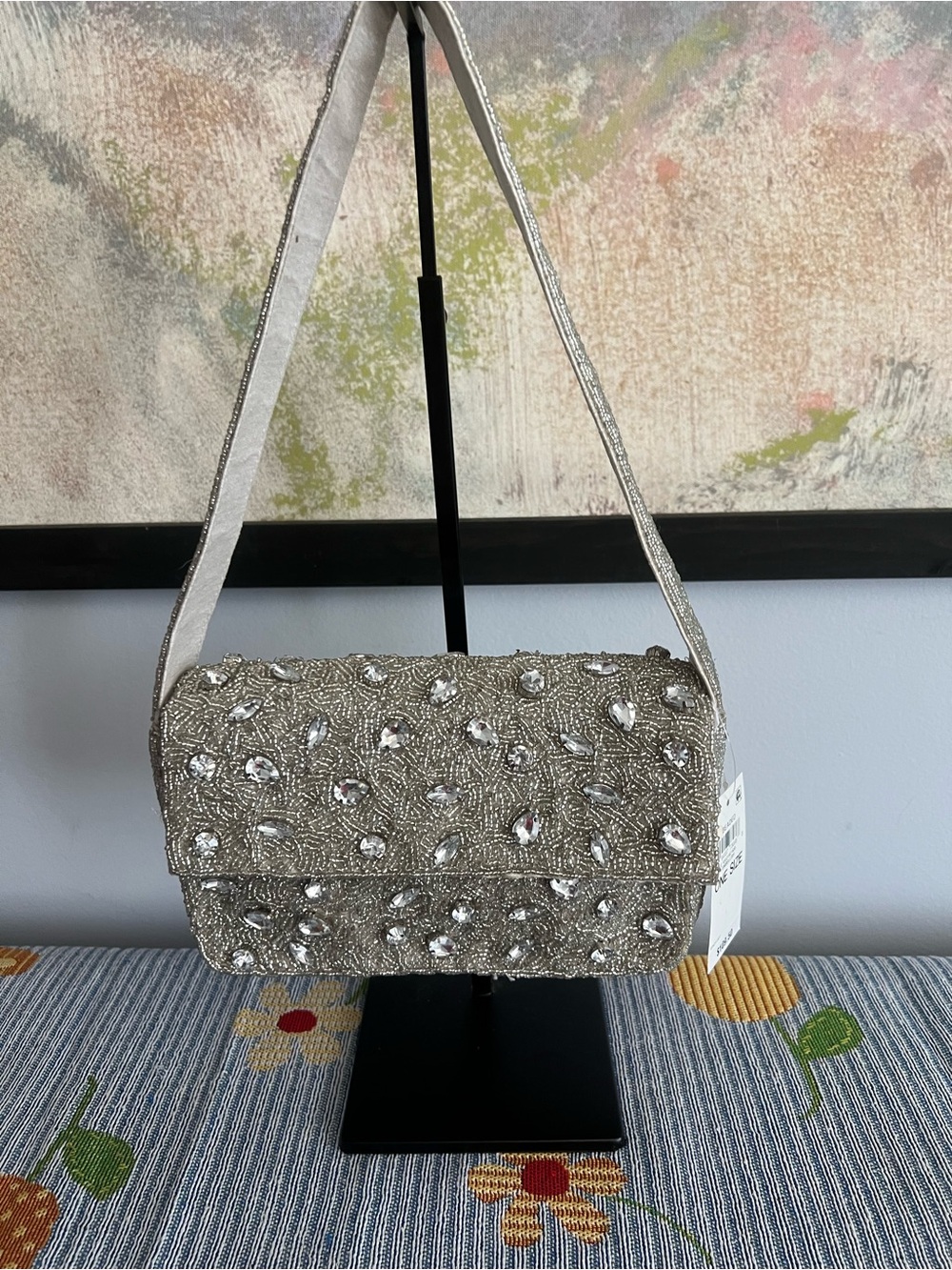 Embellished Silver Beaded Evening Shoulder Bag